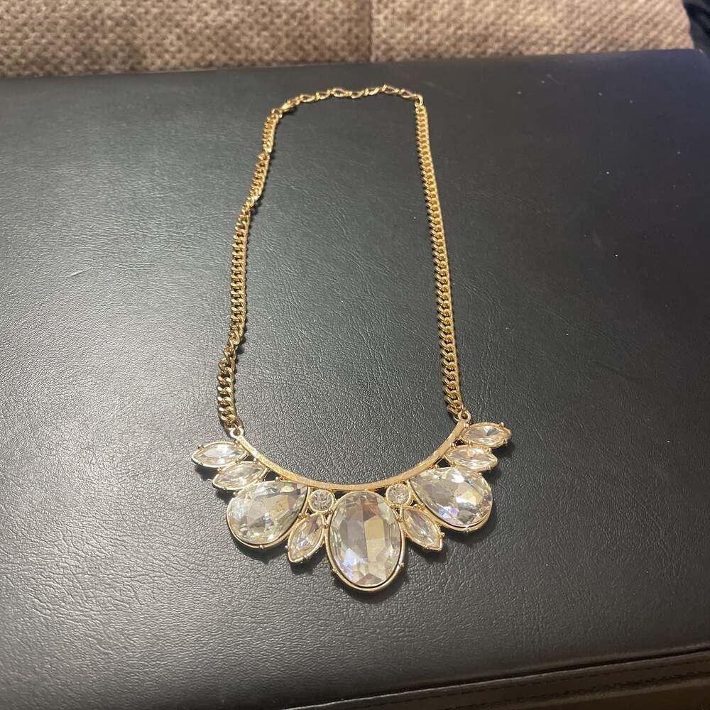 Gold Tone Statement Necklace with Clear Rhinestone Gems